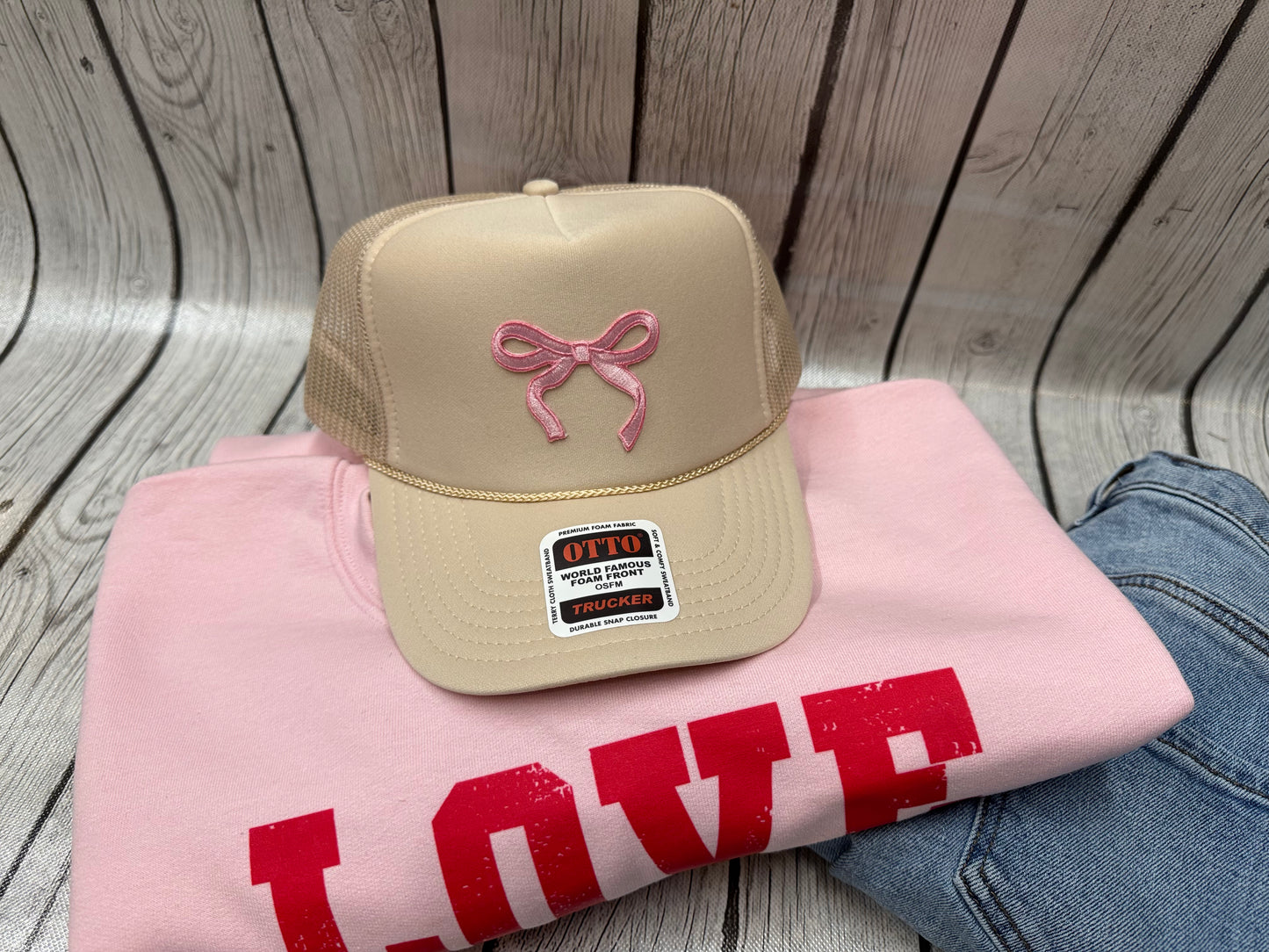 Tan & Pink Coquette Patch Trucker Hat