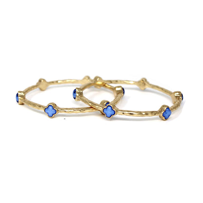 Color Clover Hammered Texture Stackable Bangle Set of 2: Blue / Gold
