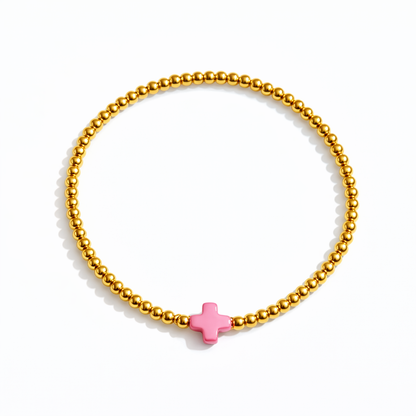 So Very Blessed Cross Gold Beaded Stretch Bracelet: Pink