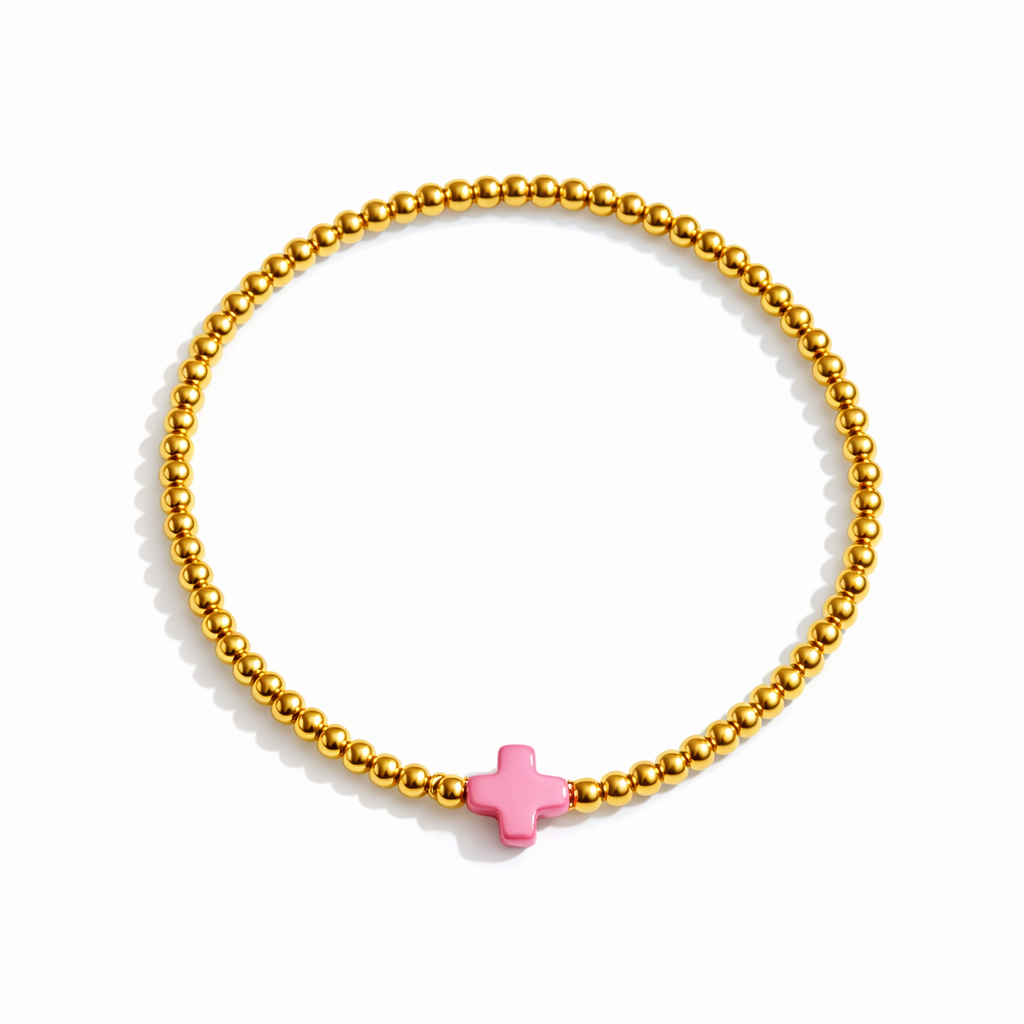 So Very Blessed Cross Gold Beaded Stretch Bracelet: Blue
