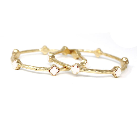 Color Clover Hammered Texture Stackable Bangle Set of 2: White / Gold