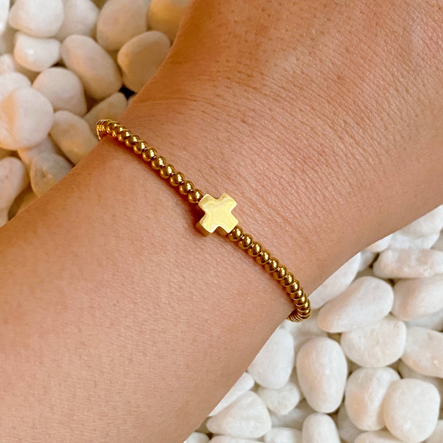 So Very Blessed Cross Gold Beaded Stretch Bracelet: Blue
