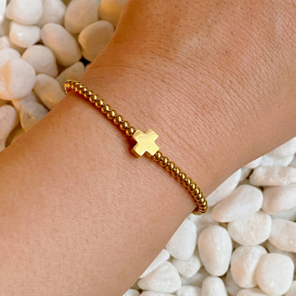 So Very Blessed Cross Gold Beaded Stretch Bracelet: Blue