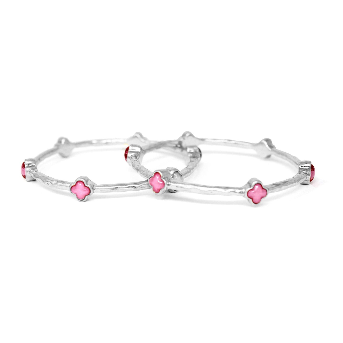 Color Clover Hammered Texture Stackable Bangle Set of 2: White / Gold
