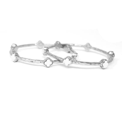 Color Clover Hammered Texture Stackable Bangle Set of 2: White / Gold