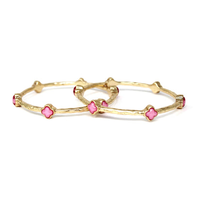 Color Clover Hammered Texture Stackable Bangle Set of 2: White / Gold
