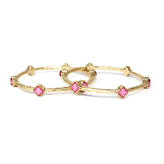 Color Clover Hammered Texture Stackable Bangle Set of 2: Pink / Gold