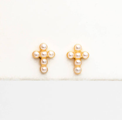 Birdie gold plated pearl cross stud earrings- dainty