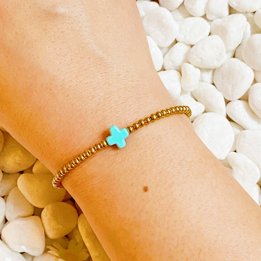 So Very Blessed Cross Gold Beaded Stretch Bracelet: Blue