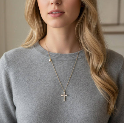 Graceful Radiance Pearl Cross Necklace – Classic 24" Chain