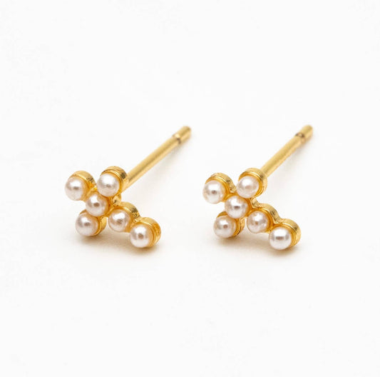 Birdie gold plated pearl cross stud earrings- dainty