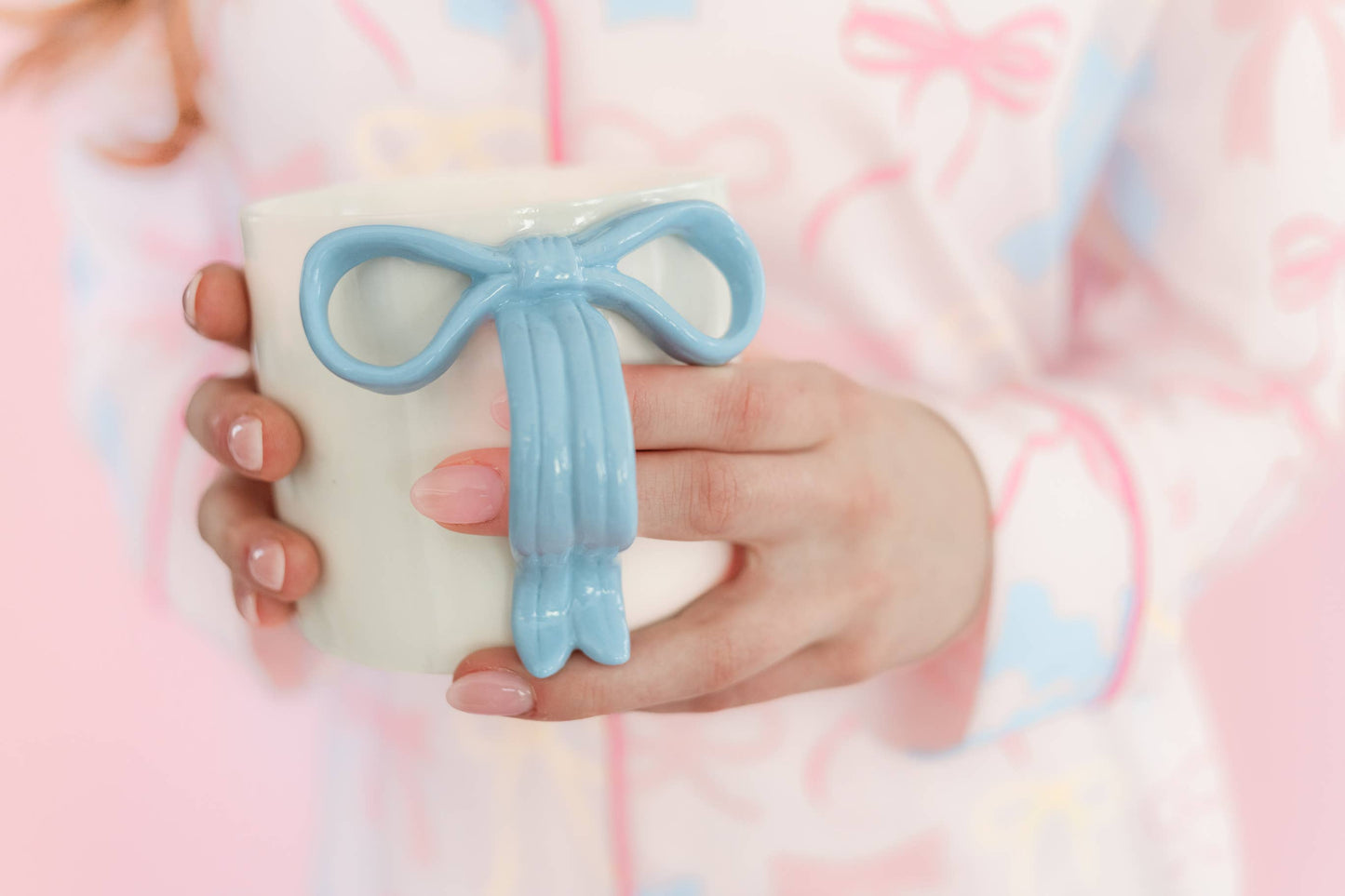 Blush Pink Bow Ceramic Coffee Tea Mug with Ribbon Handle: Pink