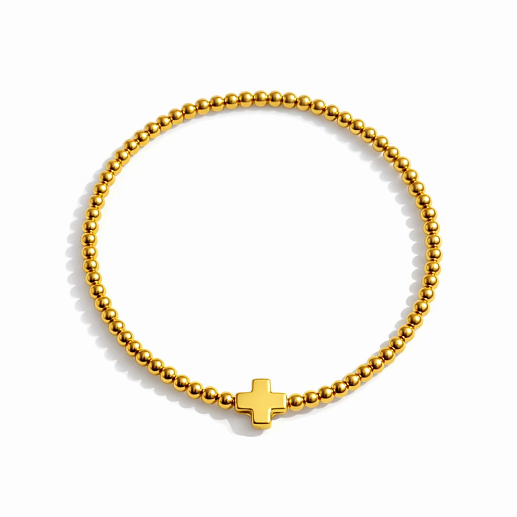 So Very Blessed Cross Gold Beaded Stretch Bracelet: Blue