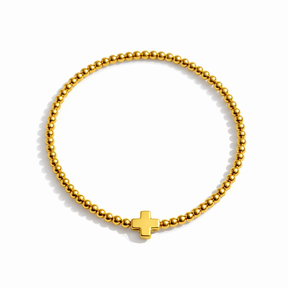 So Very Blessed Cross Gold Beaded Stretch Bracelet: Blue