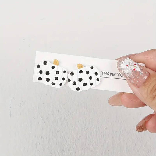 Retro Pumpkin Stud Earrings: Black and White Dots