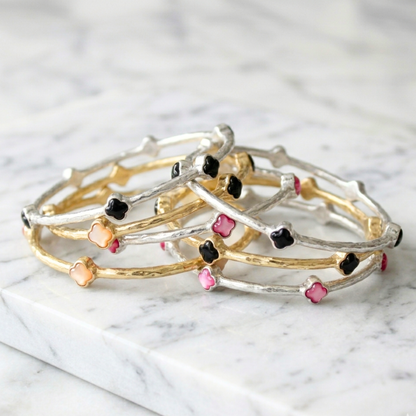 Color Clover Hammered Texture Stackable Bangle Set of 2: White / Gold