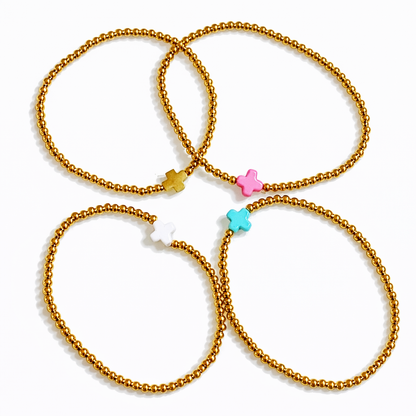 So Very Blessed Cross Gold Beaded Stretch Bracelet: Pink