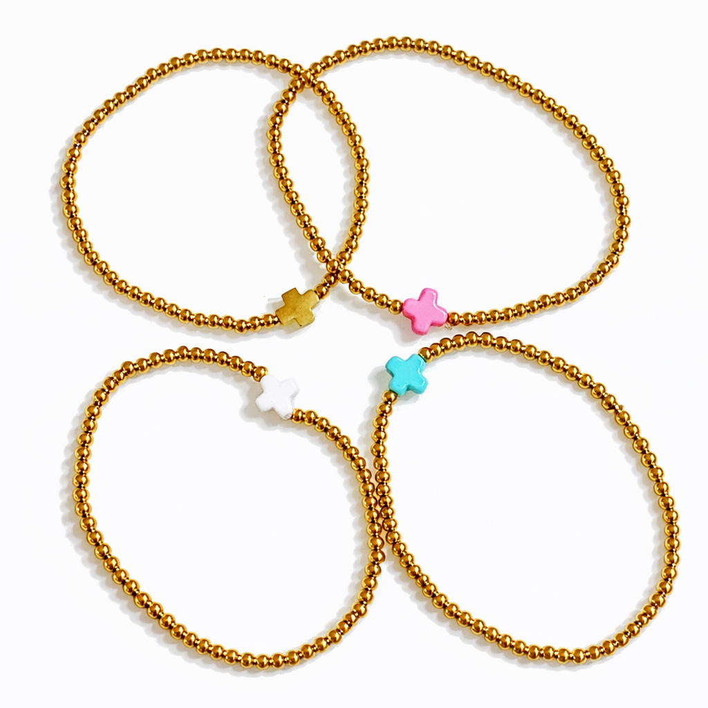 So Very Blessed Cross Gold Beaded Stretch Bracelet: Blue