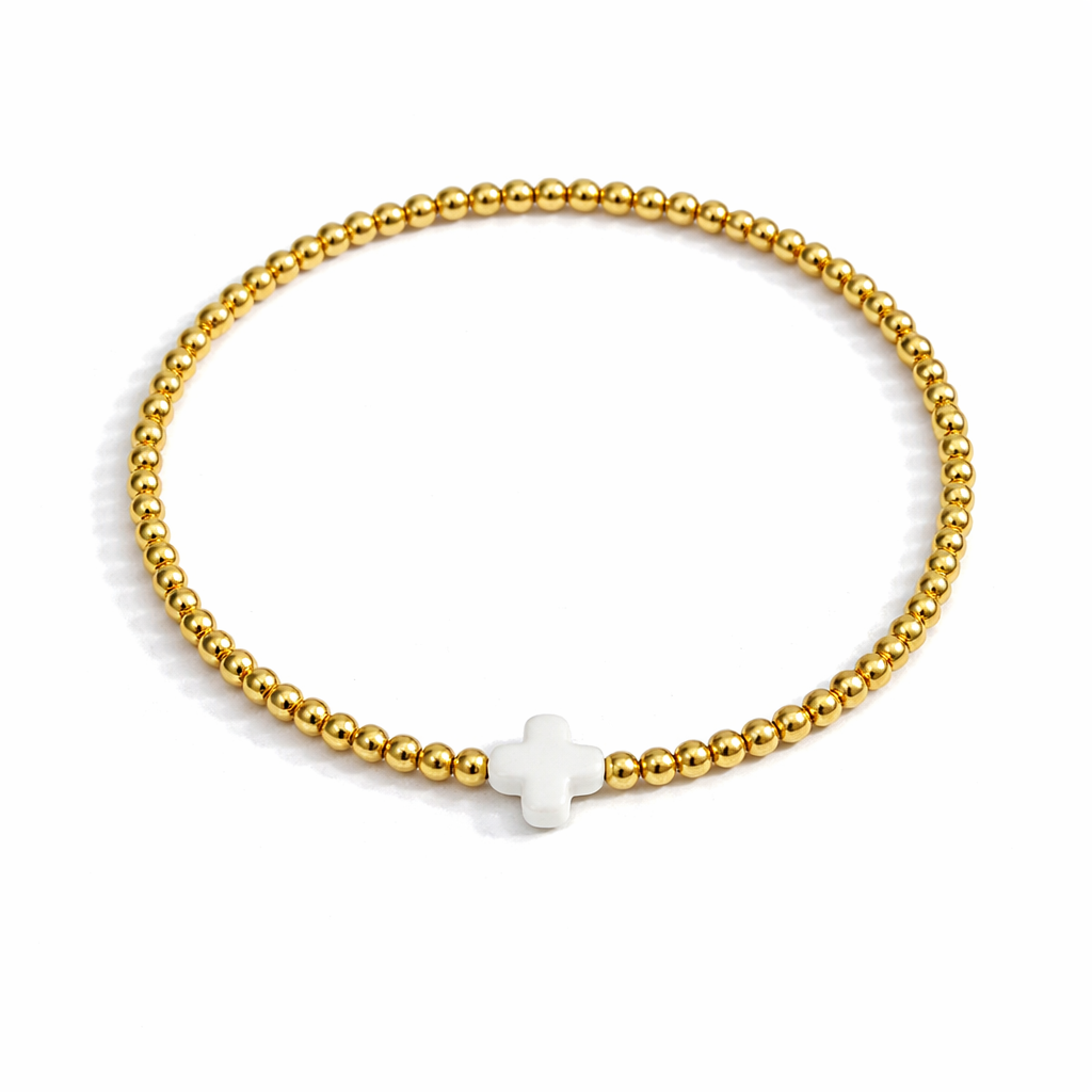 So Very Blessed Cross Gold Beaded Stretch Bracelet: Pink