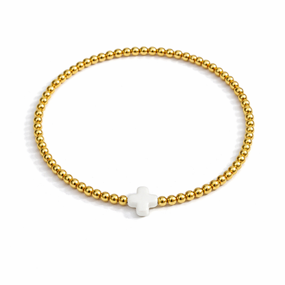 So Very Blessed Cross Gold Beaded Stretch Bracelet: Blue