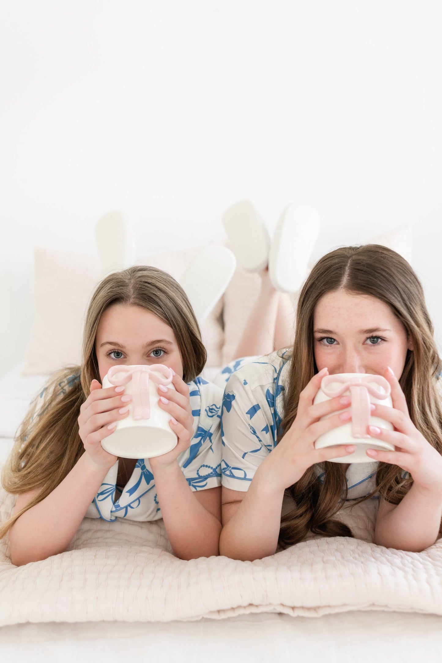Powder Blue Bow Ceramic Coffee Tea Mug with Ribbon Handle: Blue