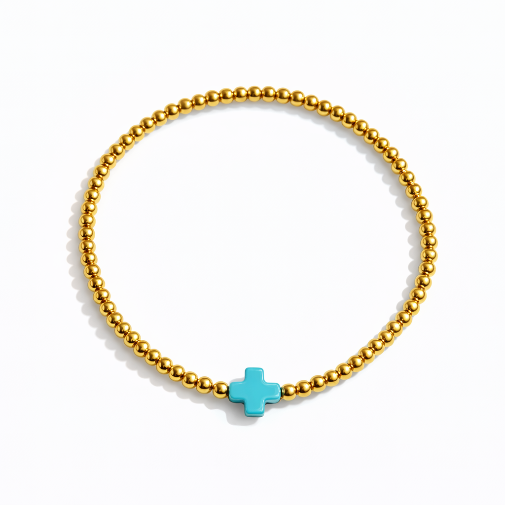 So Very Blessed Cross Gold Beaded Stretch Bracelet: Blue