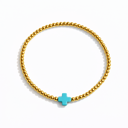So Very Blessed Cross Gold Beaded Stretch Bracelet: Blue