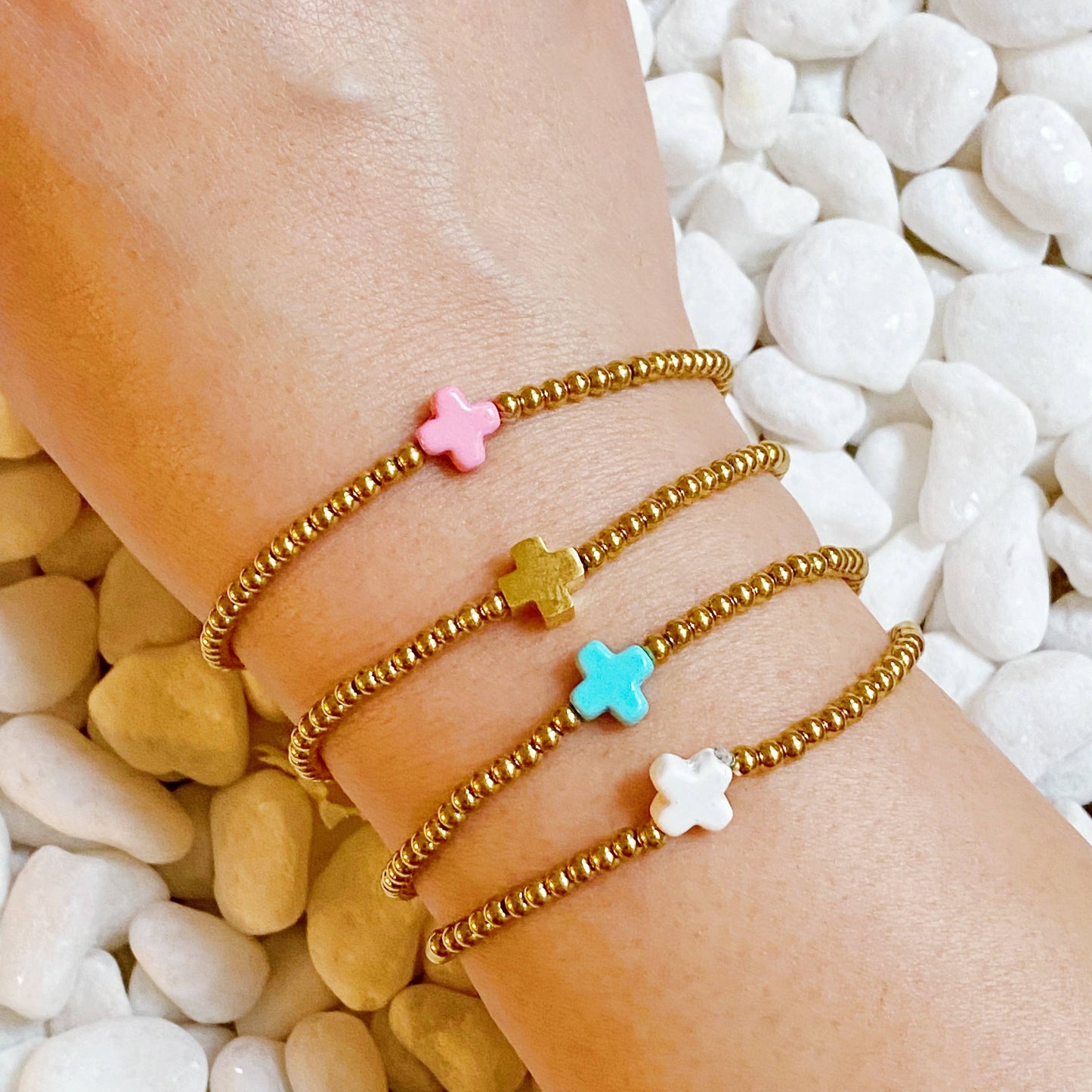 So Very Blessed Cross Gold Beaded Stretch Bracelet: Blue
