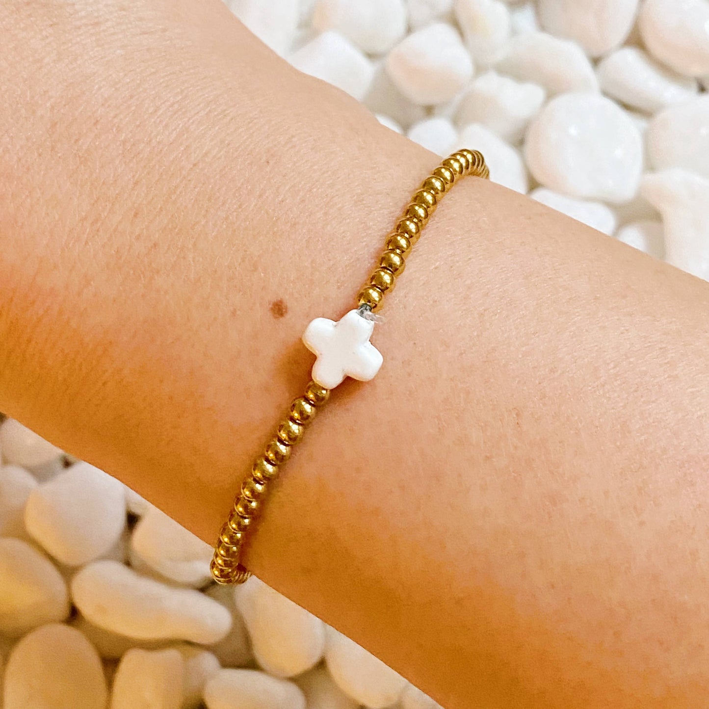 So Very Blessed Cross Gold Beaded Stretch Bracelet: Blue
